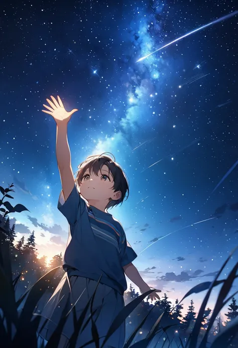 Beautiful image of a child raising his hand to the sky trying to reach the starry sky on a beautiful night.