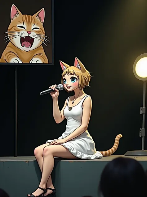 A cute female cat is wearing a cat costume and a one-piece white dress, sitting at the edge of the stage and singing with a microphone.、The cat&#39;s forward movement is covered with cat hair、。The small screen in the upper left corner of the screen shows a...