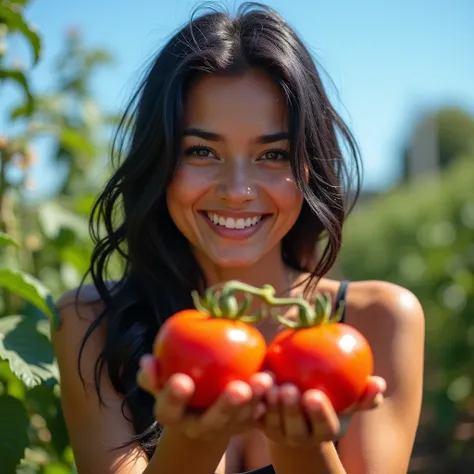 super masterpiece, Most detailed, Highest quality, In 8K, Perfect appearance, Woman growing tomatoes in the garden, 17 years old, Beautiful Face, Shining Eyes, Shiny black hair, Laughter, blue sky, Ripe tomatoes,  Cowboy Shot,