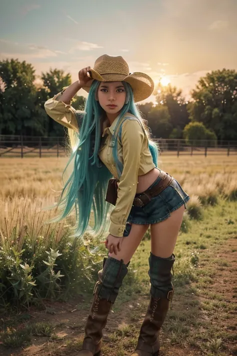 1 girl, hatsune miku, cowgirl, beautiful detailed eyes, beautiful detailed lips, extremely detailed eyes and face, long eyelashes, cowboy hat, cowboy boots, dynamic pose, outdoor field, golden hour lighting, cinematic lighting, vibrant colors, warm color p...