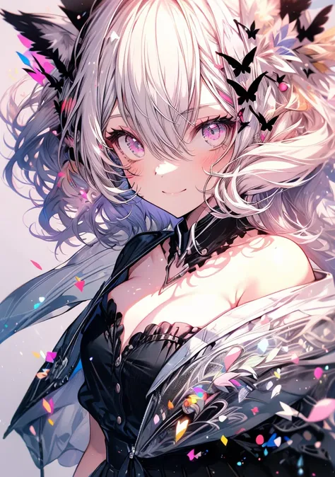 Center of chest,pretty girl,Cat ear,Beautiful silver hair,Pink inside,Beautiful pink eyes,black shirt,black skirt,smile