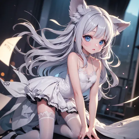 silver hair, dog ears, white dress,wavy hair,delicate features quiet gaze,beautiful half body illustration,beautiful backgraund,atmospheric lighting,sharp focus,vlumetric lighting,cute face,reduce saturation,fine detailed face,small nose and mouth,volumetr...