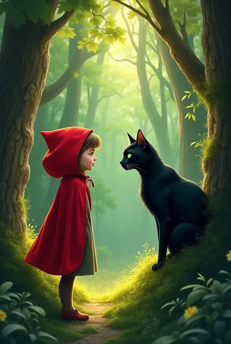 Little Red Riding Hood in the forest finds a black cat with green eyes in a bush
