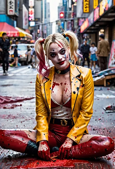 (Extreme complexity, two unique subjects) Margot Robbie as Harley Quinn (insane pretty face, tiny themed outfit Harley Quinn makeup on body, blood spatter) is wielding a bloody ball bat. Harley is standing over a confused Saitama who is lying on the ground...