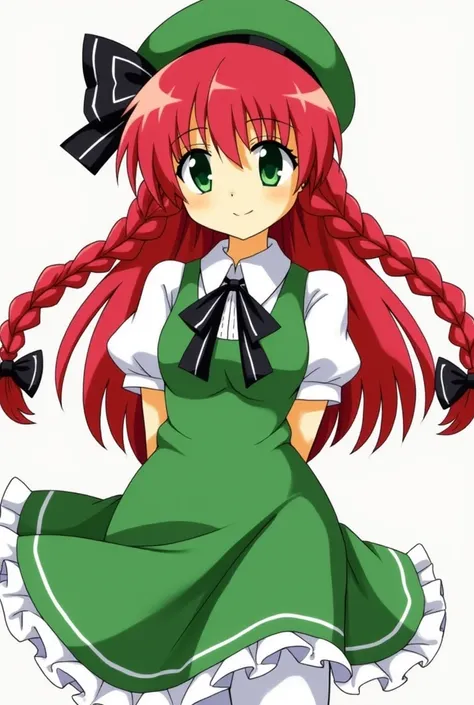 1girl, hong meiling (Touhou), green eyes, long hair, red hair, twin braids, chinese clothes, green headwear, beret, white shirt, green vest, green skirt, green dress, collared dress, puffy short sleeves, frilled sleeves, black ribbon, neck ribbon, white pa...