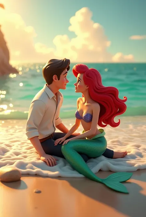 A  3d animated picture of Ariel and Prince Eric sit on a sunlit seashore, the gentle waves lapping at their feet. Ariel, in her shimmering green tail and seashell bra, glows with an otherworldly beauty as her red hair flows around her like a fiery halo, si...