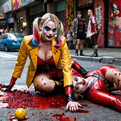 (Extreme complexity, two unique subjects) Margot Robbie as Harley Quinn (insane pretty face, tiny themed outfit Harley Quinn makeup on body, blood spatter) is wielding a bloody ball bat. Harley is standing over a confused Saitama who is lying on the ground...