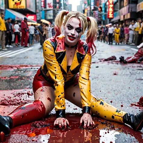 (Extreme complexity, two unique subjects) Margot Robbie as Harley Quinn (insane pretty face, tiny themed outfit Harley Quinn makeup on body, blood spatter) is wielding a bloody ball bat. Harley is standing over a confused Saitama who is lying on the ground...