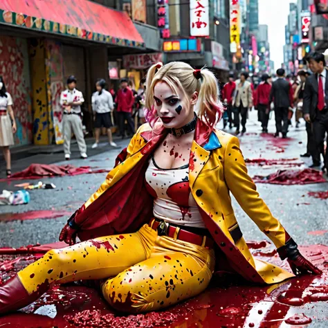 (Extreme complexity, two unique subjects) Margot Robbie as Harley Quinn (insane pretty face, tiny themed outfit Harley Quinn makeup on body, blood spatter) is wielding a bloody ball bat. Harley is standing over a confused Saitama who is lying on the ground...