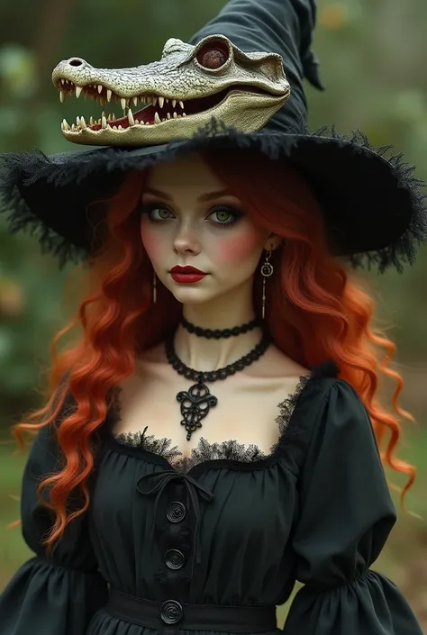 8k, best qualityer, fancy, realisitic, beautiful witch with frizzy hair, alligator skull used as a hat, old dress, Red hair, alligator jaw necklace around the neck