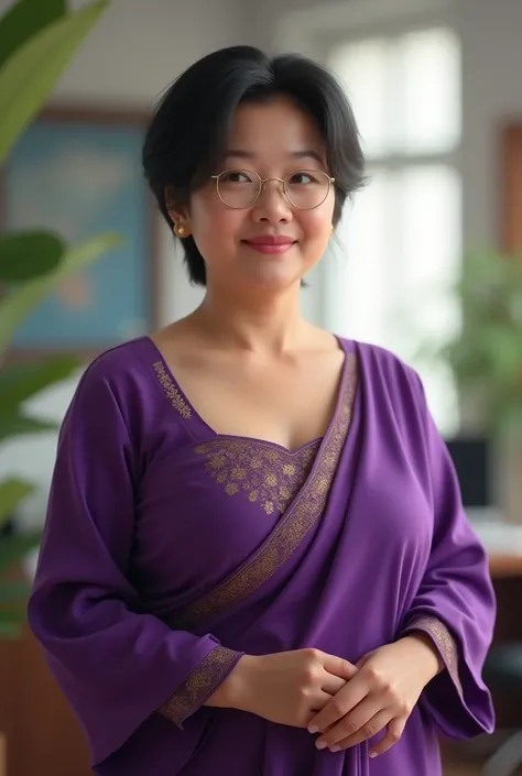 (photorealism:1.2), South East Asian lady,age 40,short black hair,thick lips,height about 160cm,chubby body,fair skin,indoor office,standing up,wearing Burmese traditional clothing top,camisole,body fit,purple color.