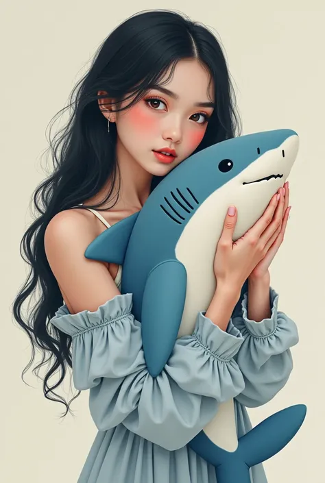 Illustration of a beautiful woman holding a stuffed shark
