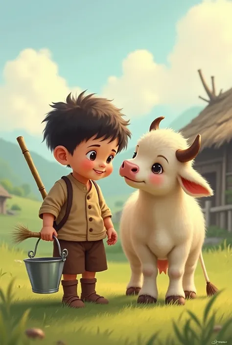 There is a calf with a child with a balti and hold Bamboo in his hand 

