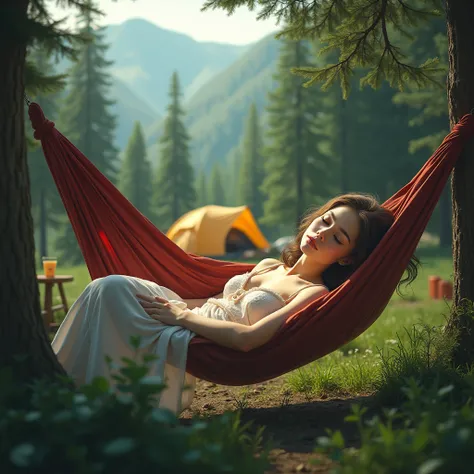 masterpiece, photorealistic, 1girl, sleeping in hammock, wearing nightgown, beautiful detailed eyes, beautiful detailed lips, extremely detailed face and portrait, long eyelashes, travel lady, lush green woods, tall trees, rolling mountains, tents, picnic,...