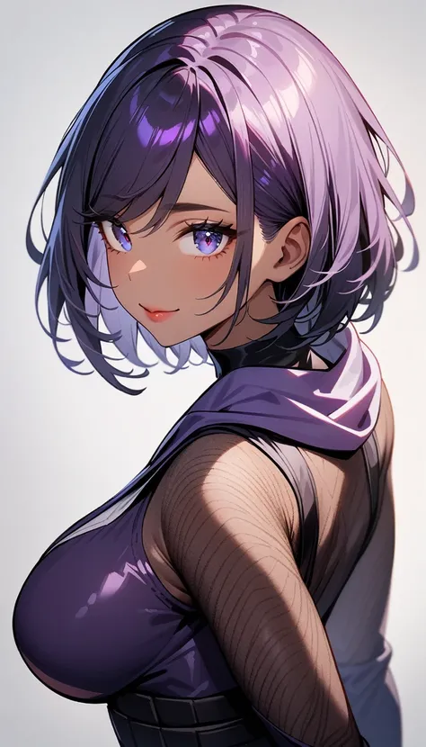 1girl,solo,super detailed skin,shiny skin,tanned skin,expressionless face,smile,purple hair,short hair,swept bangs,deep detailed eyes,eyelashes,lips gloss,large breasts,asymmetry body suit,Shinobi clothes,asymmetry clothes ,butt ,simple background ,from be...