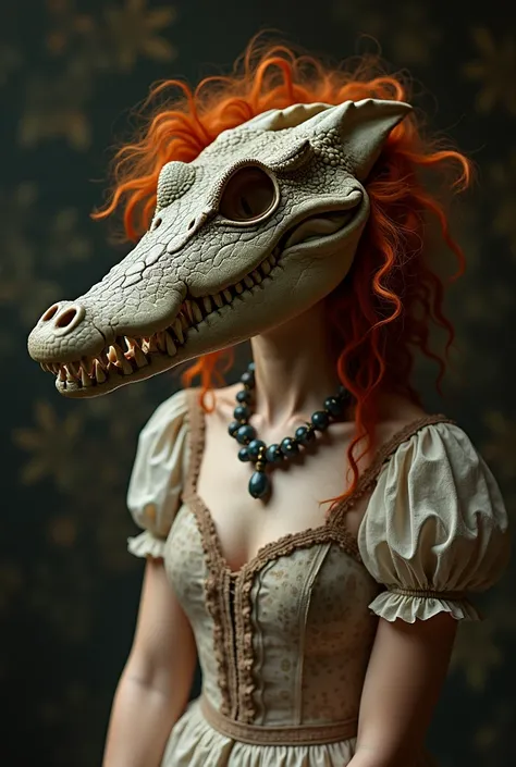 8k, fancy, realisitic, woman with frizzy hair, alligator skull worn on the head, old dress, Red hair, alligator jaw necklace around the neck