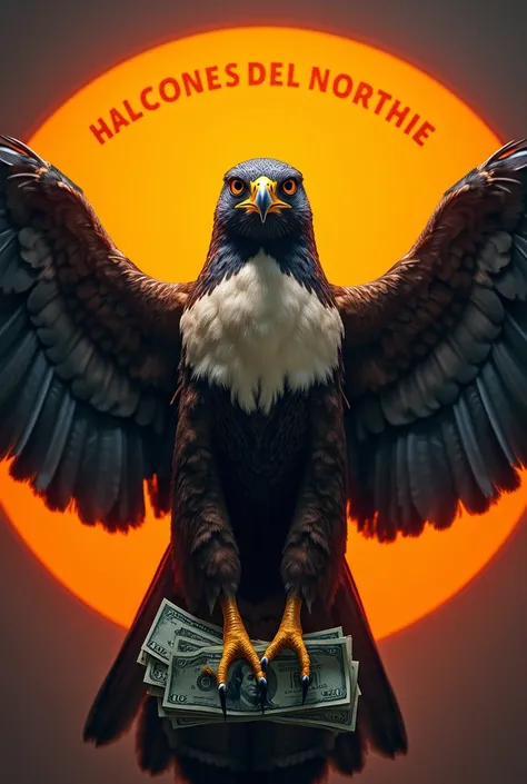 Create a realistic image of a falcon in.full war inside a large bright orange circle with open wings clutching a wad of dollars with its claws and on top a text in Spanish in black that says HALCONES DEL NORTE WIN