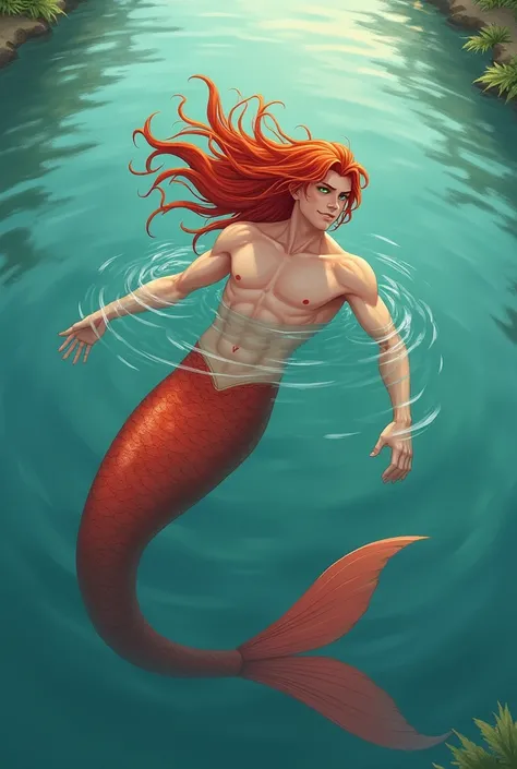 a handsome male mermaid, long light red hair, light red tail, sharp green eyes, đang ở trong hồ. Anime brushstrokes 