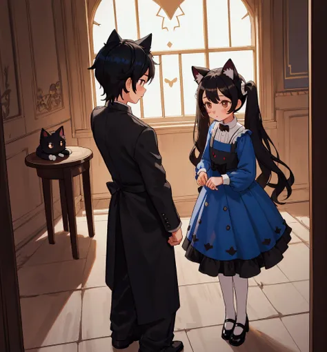 two children, a boy and a cute beautiful girl in the palace, girl with a beautiful blue dress with red details twintails black hair and brown eyes; boy in black and white butler outfit, blackquality hair, cat ears and brown eyes, happy girl and shy boy