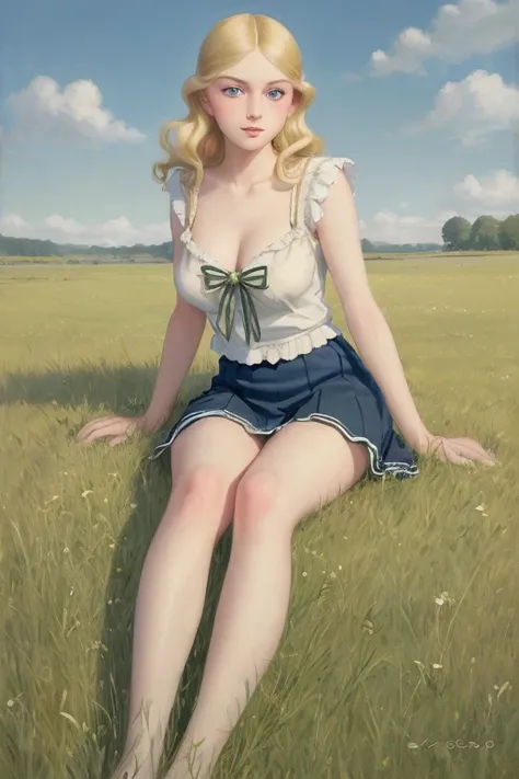 Many girls,Group long blonde hair, Green eyes, 1930s European style, high quality, full-body shot, 17 years old, Big breasts, long legs beauty legs, Sailor Suit, Short top and short skirt lying on the grassland, blue sky , delicate eyes, Delicate lips, Ext...