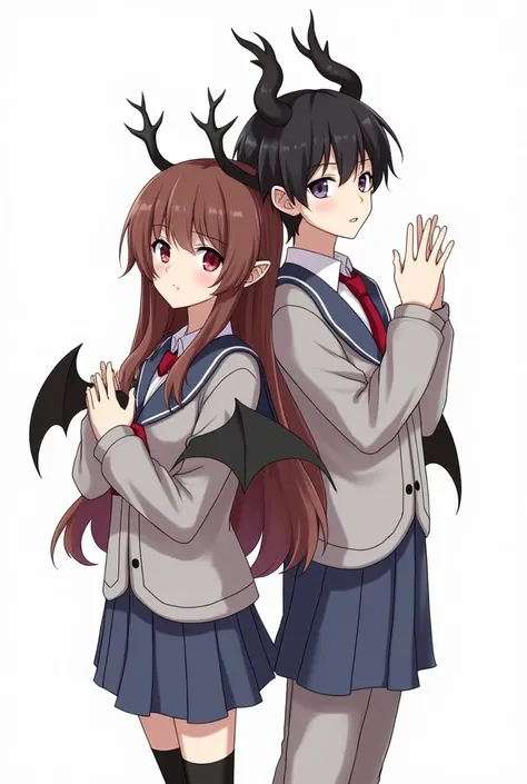 1 girl, 1 young boy, antlers, schoolar uniform, pointy ears, wings, aretes, seraphim, jewerly, white background, trunk, Eyes red, demon wings, demon antlers, demon boy, simple background, back to back, pink eyes, parted lips, black seraphim, chestnut hair,...