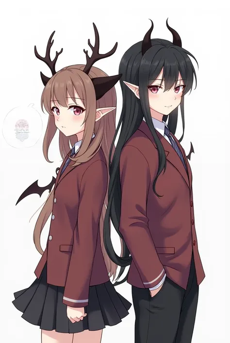 1 girl, 1 young boy, antlers, schoolar uniform, pointy ears, wings, aretes, seraphim, jewerly, white background, trunk, Eyes red, demon wings, demon antlers, demon boy, simple background, back to back, pink eyes, parted lips, black seraphim, chestnut hair,...