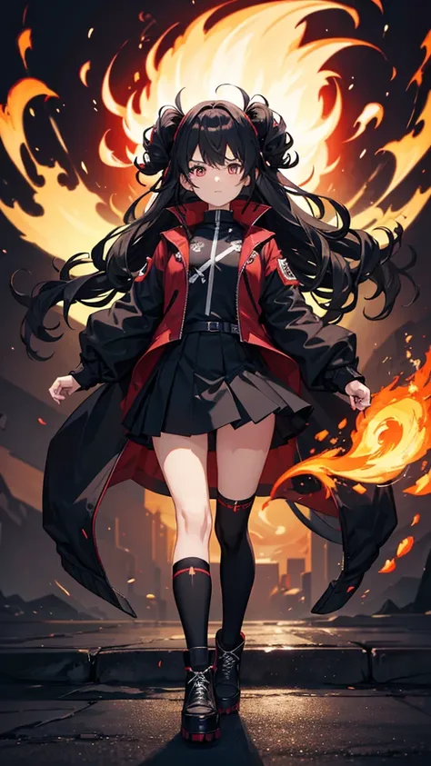 An anime girl who has fire in front of her face that forms a silhouette of the front of a skull, that he wears a black jacket, short black skirt, over the knee socks, High platform boots and dark accessories, guates rokeros, that has curly hair.