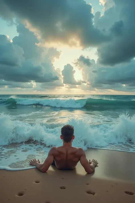 a man lying on a beach, crashing ocean waves, dramatic cloudy sky, vibrant colors, cinematic lighting, ultra-realistic, 8k, photorealistic, highly detailed, masterpiece