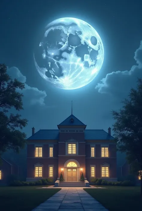 A moon that illuminates a school 