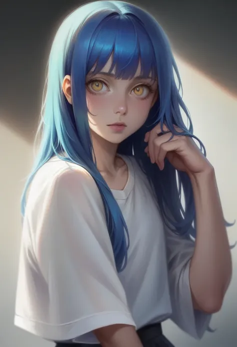 (Masterpiece: 1.2, Best Quality), Realistic, (Realistic Picture, Complex Details, Depth of Field), Best Quality, Masterpiece, Highly Detailed, Semi Realistic, 1 Girl, Rimuru Tempest, Rimuru, femboy, solo, blue hair, long hair, yellow eyes, perfect face, pe...