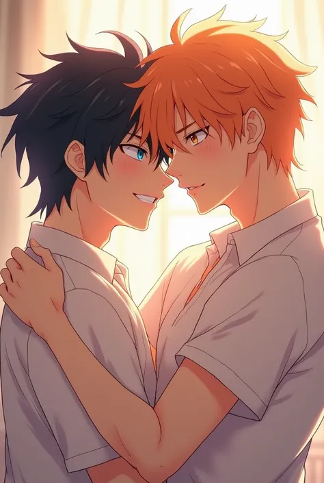 Two anime boys having sex, one boy with black hair and the other with orange hair 