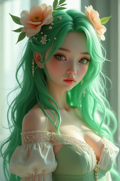 Green hair, beautiful woman, realistic dress, long hair, flower decoration on head