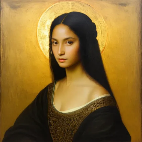 Portrait of a young black-haired woman,  a golden aura, very similar to Venetian painting.
