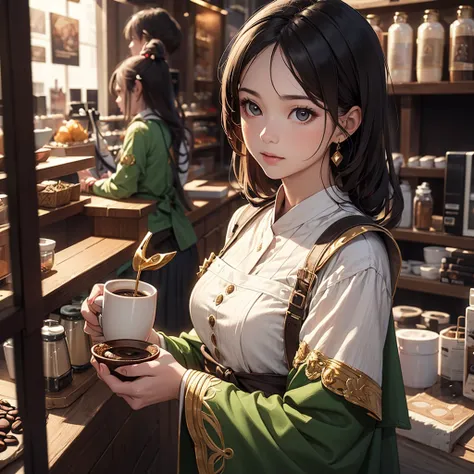 CG, Unity, 8k, wallpaper, Highest quality, masterpiece, Lovely lady, 18-year-old, (Realistic), Best lighting, Complex pupil, Intricate weaving, Detailed Background,(Barista 1.5),Transparent sleeves、(Delicate clothing with intricate patterns and decorations...