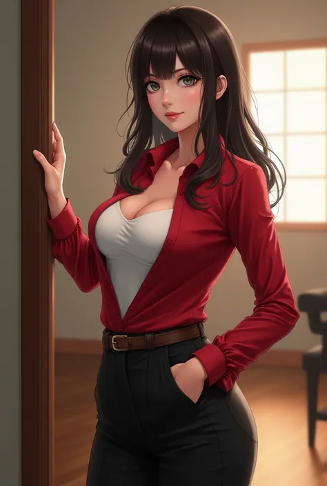 1girl, 34yo sofia takigawa_jav, breasts, eyelashes, looking at viewer, cowboy shot, standing, dynamite lighting, attractive body, wearing office attire, red blouse, white singlet, belt, black pants, brown knee heel boots
(ulzzang-6500:0.0), (ultimate quali...