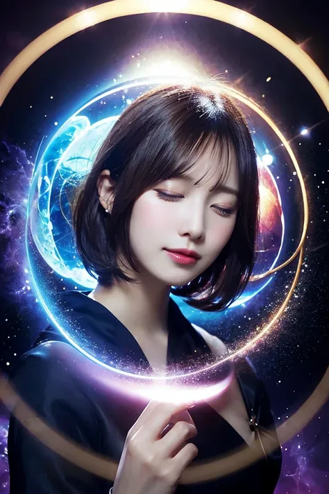 Fantasy style girl, short hair, eyes closed, magic circle background, high quality, masterpiece, sexy