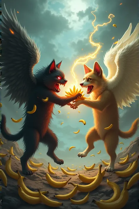 Demon cat fighting an angel dog, both with a banana in their hand 