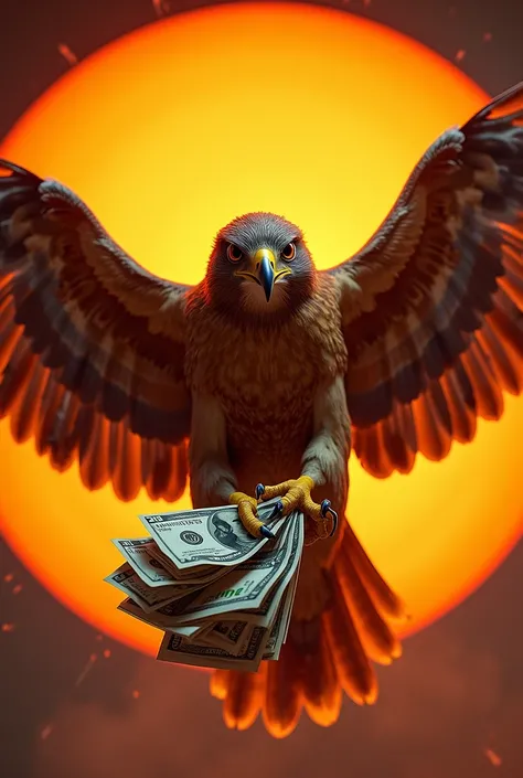 Create a realistic image of a falcon in.full war inside a large bright orange circle with open wings clutching a wad of dollars with its claws and on top a text in Spanish in black that says HALCONES DEL NORTE WIN