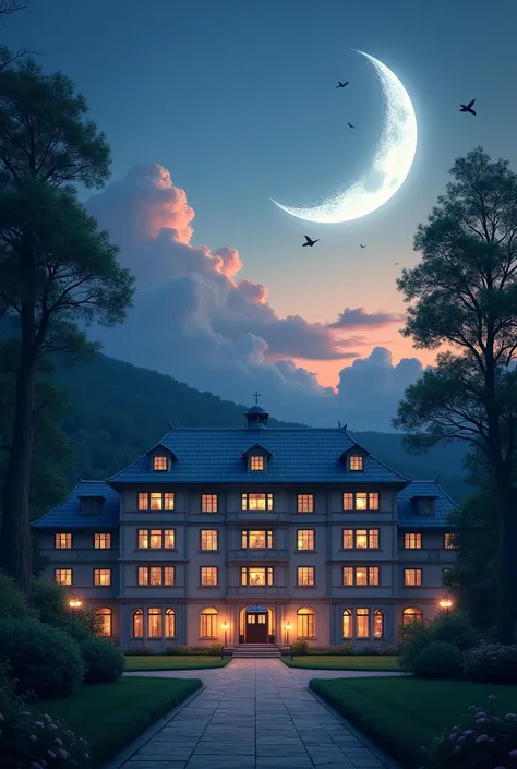 A moon that illuminates a school at dusk 