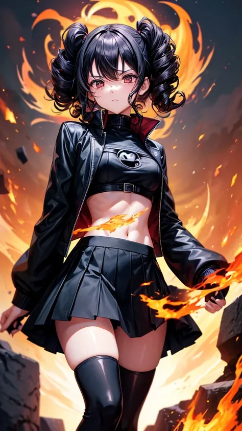 An anime girl who has fire in front of her face that forms a silhouette of the front of a skull, that he wears a black jacket, short black skirt, over the knee socks, High platform boots and dark accessories, guates rokeros, that has curly hair y pose prov...