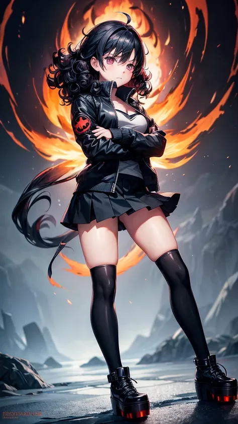 An anime girl who has fire in front of her face that forms a silhouette of the front of a skull, that he wears a black jacket, short black skirt, over the knee socks, High platform boots and dark accessories, guates rokeros, that has curly hair y pose prov...