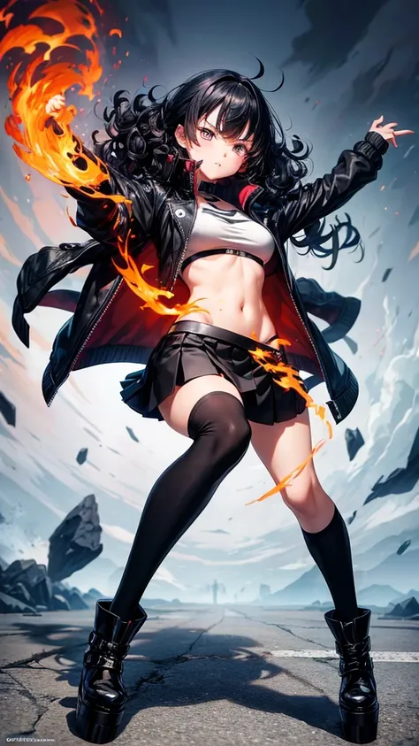 An anime girl who has fire in front of her face that forms a silhouette of the front of a skull, that he wears a black jacket, short black skirt, over the knee socks, High platform boots and dark accessories, guates rokeros, that has curly hair y pose prov...