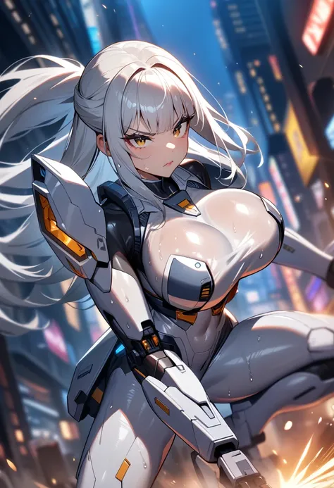 1girl,solo,super detailed skin,shiny skin,wet oily skin,serious face,eyelashes,lips gloss,silver hair,hime cut,half updo,straight hair,large breasts,beautifully shaped breasts,silver body suit,mecha musume,fighting stance,dynamic angle,night city,masterpie...