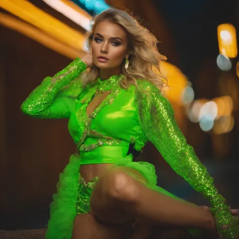 Blonde haired girl in a bright neon green outfit with different sequin details 