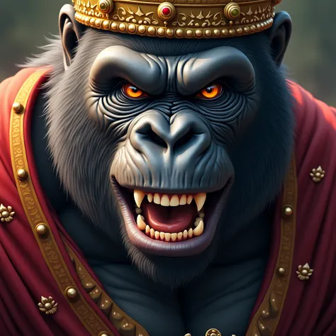 "Illustrate a hyper-realistic close-up image of a gorillas face in kingly attire, with a crown and richly adorned robe. The gorillas eyes are locked in a challenging, defiant gaze, and its mouth is twisted into a teasing grin, showing sharp teeth. The back...