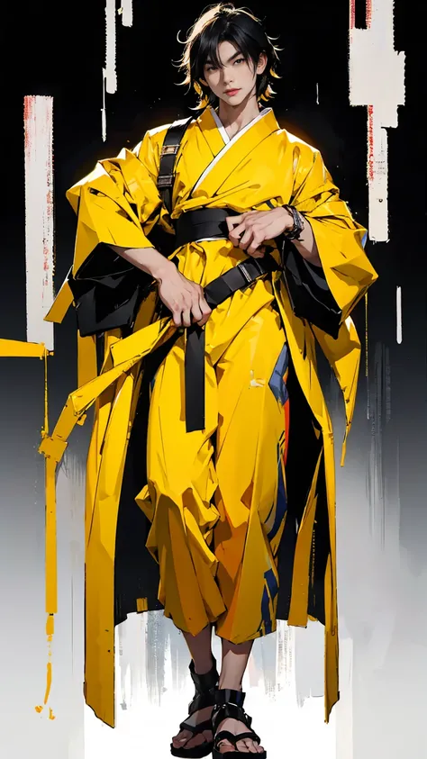 Modern yellow clothing, Asian, Japanese man, black hair, with sensual look, cold lights, black background, in calm pose, hyper-realistic, ultra detailed body, face and eyes, full body view in live recital.
