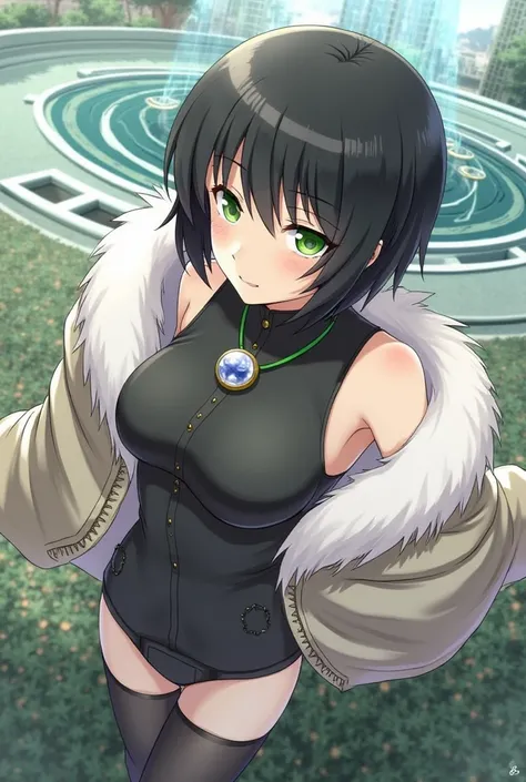 punctuation_9, punctuation_8_High above, punctuation_7_High above, fountain_アニメ, fubuki, fubuki, Bblack hair, greeneyes, shorth hair, black don, don, fur coat, high collar, jewerly, necklase, Off The Shoulder, tight clothing, taut don, plein-air, urban lan...