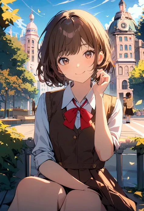 1 girl, brown eyes, short brown hair, school uniform, sit and relax on the city park, cute smile face