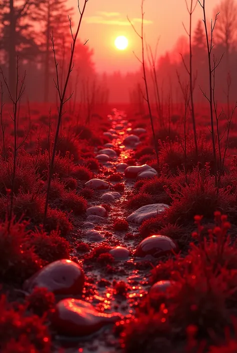 a red field covered in blood and its grass is human organs scattered across the grass 