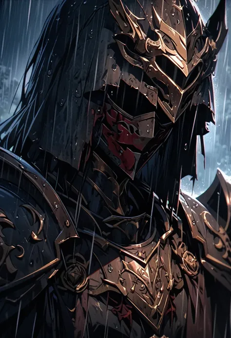 a bloodstained oriental armored knight in the rain, dramatic lighting, detailed 4k, japanese mask obscuring face, wet, rain drops, soft light, detailed artwork